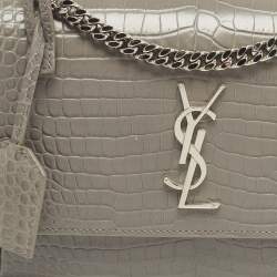 Pre Owned Saint Laurent Grey Croc Embossed Leather Medium Sunset Shoulder Bag