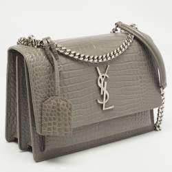 Pre Owned Saint Laurent Grey Croc Embossed Leather Medium Sunset Shoulder Bag