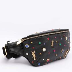 Saint Laurent Black Leather Monogram Embellished Belt Bag