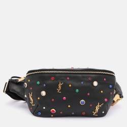 Saint Laurent Black Leather Monogram Embellished Belt Bag