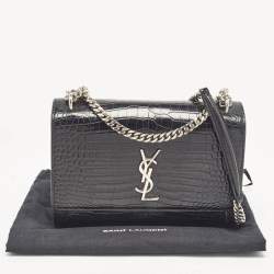 Saint Laurent Black Croc Embossed Leather Medium Sunset Shoulder Bag