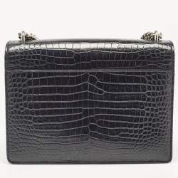 Saint Laurent Black Croc Embossed Leather Medium Sunset Shoulder Bag