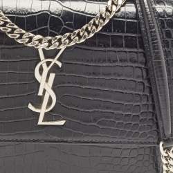 Saint Laurent Black Croc Embossed Leather Medium Sunset Shoulder Bag