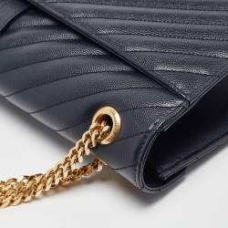 Pre Owned Saint Laurent Navy Blue Matelassé Leather Large Monogram Shoulder Bag