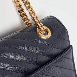 Pre Owned Saint Laurent Navy Blue Matelassé Leather Large Monogram Shoulder Bag