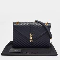 Pre Owned Saint Laurent Navy Blue Matelassé Leather Large Monogram Shoulder Bag