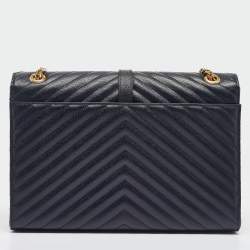 Pre Owned Saint Laurent Navy Blue Matelassé Leather Large Monogram Shoulder Bag