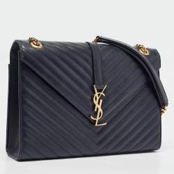 Pre Owned Saint Laurent Navy Blue Matelassé Leather Large Monogram Shoulder Bag