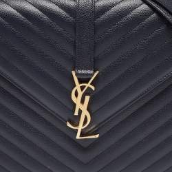 Pre Owned Saint Laurent Navy Blue Matelassé Leather Large Monogram Shoulder Bag