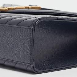 Pre Owned Saint Laurent Navy Blue Matelassé Leather Large Monogram Shoulder Bag