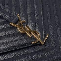 Pre Owned Saint Laurent Navy Blue Matelassé Leather Large Monogram Shoulder Bag