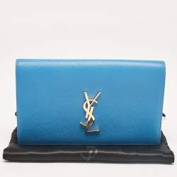 Pre Owned Saint Laurent Light Blue Leather Monogram Kate Clutch