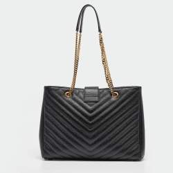 Pre Owned Saint Laurent Black Chevron Leather Cassandre Chain Tote