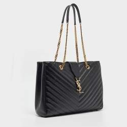 Pre Owned Saint Laurent Black Chevron Leather Cassandre Chain Tote