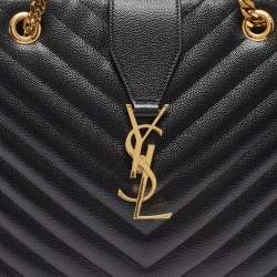 Pre Owned Saint Laurent Black Chevron Leather Cassandre Chain Tote