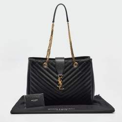 Pre Owned Saint Laurent Black Chevron Leather Cassandre Chain Tote