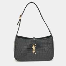 Saint Laurent Black Croc Embossed Leather LE 5 À 7 Hobo