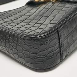 Saint Laurent Black Croc Embossed Leather LE 5 À 7 Hobo