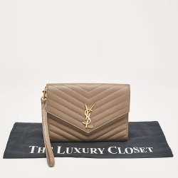 Pre Owned Saint Laurent Beige Matelasse Leather Cassandre Wristlet Pouch