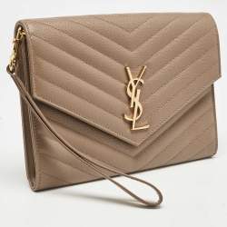 Pre Owned Saint Laurent Beige Matelasse Leather Cassandre Wristlet Pouch