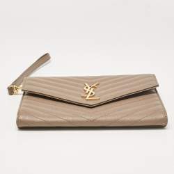 Pre Owned Saint Laurent Beige Matelasse Leather Cassandre Wristlet Pouch