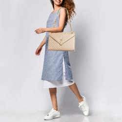 Pre Owned Saint Laurent Beige Chevron Leather Large Monogram Envelope Shoulder Bag