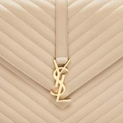 Pre Owned Saint Laurent Beige Chevron Leather Large Monogram Envelope Shoulder Bag