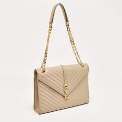 Pre Owned Saint Laurent Beige Chevron Leather Large Monogram Envelope Shoulder Bag