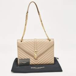 Pre Owned Saint Laurent Beige Chevron Leather Large Monogram Envelope Shoulder Bag