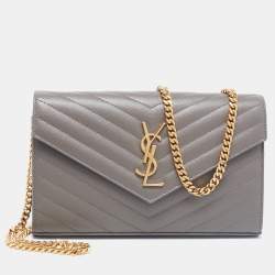 Saint Laurent Grey Matelassé Leather Envelope Chain Clutch