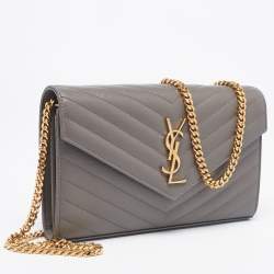 Saint Laurent Grey Matelassé Leather Envelope Chain Clutch