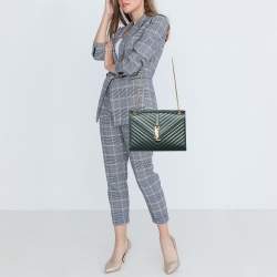 Pre Owned Saint Laurent Green Matelasse Leather Large Monogram Envelope Shoulder Bag