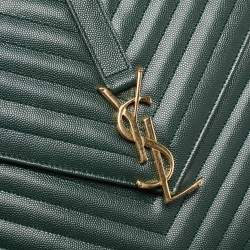 Pre Owned Saint Laurent Green Matelasse Leather Large Monogram Envelope Shoulder Bag