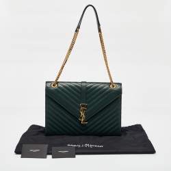 Pre Owned Saint Laurent Green Matelasse Leather Large Monogram Envelope Shoulder Bag