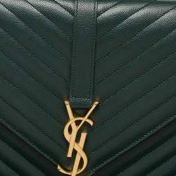 Pre Owned Saint Laurent Green Matelasse Leather Large Monogram Envelope Shoulder Bag