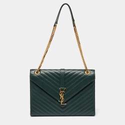 Pre Owned Saint Laurent Green Matelasse Leather Large Monogram Envelope Shoulder Bag