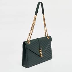 Pre Owned Saint Laurent Green Matelasse Leather Large Monogram Envelope Shoulder Bag