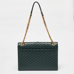 Pre Owned Saint Laurent Green Matelasse Leather Large Monogram Envelope Shoulder Bag