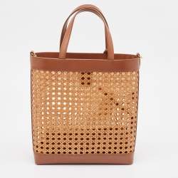 Pre Owned Saint Laurent Brown/Beige Woven Raffia and Leather Toy Tote