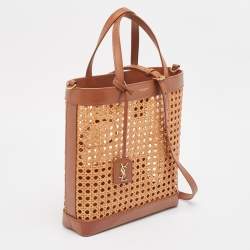 Pre Owned Saint Laurent Brown/Beige Woven Raffia and Leather Toy Tote