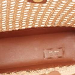 Pre Owned Saint Laurent Brown/Beige Woven Raffia and Leather Toy Tote