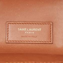 Pre Owned Saint Laurent Brown/Beige Woven Raffia and Leather Toy Tote