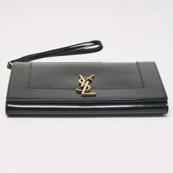 Pre Owned Saint Laurent Black Patent Leather Cassandre Flap Wristlet Clutch