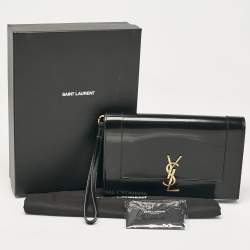 Pre Owned Saint Laurent Black Patent Leather Cassandre Flap Wristlet Clutch
