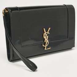 Pre Owned Saint Laurent Black Patent Leather Cassandre Flap Wristlet Clutch