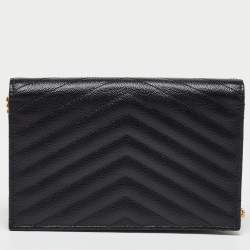 Saint Laurent Black Matelassé Leather Monogram Envelope Wallet on Chain