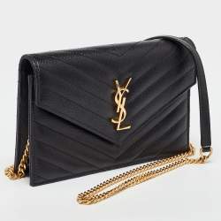 Saint Laurent Black Matelassé Leather Monogram Envelope Wallet on Chain