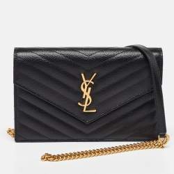 Saint Laurent Black Matelassé Leather Monogram Envelope Wallet on Chain
