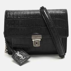 Saint Laurent Black Croc Embossed Leather Push Lock Shoulder Bag