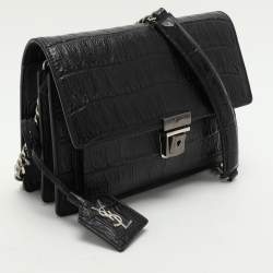 Saint Laurent Black Croc Embossed Leather Push Lock Shoulder Bag